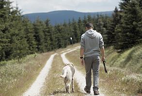 Man walking his dog in countryside