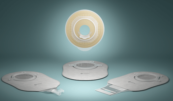 image of ostoform flowasssist baseplate facing screen with flowassist urostomy, closed and drainable pouches laid out at the front