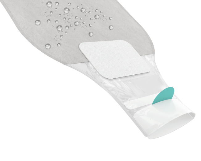 flowassist drainable ostomy bag with water droplets on it demonstrating water repellency