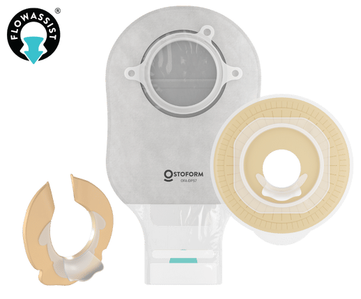 ostoform flowassist 2-piece drainable bag with the flowassist flat baseplate and flowassist seal