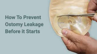 Image of someone cutting the wafer of an ostomy bag with the text 