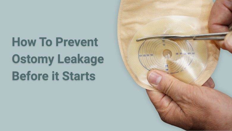 Image of someone cutting the wafer of an ostomy bag with the text 